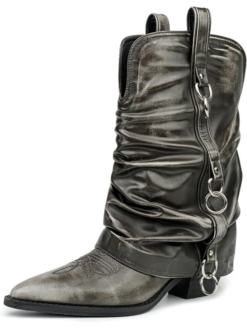 Women's Retro Grey Leather Slouchy Cowgirl Moto Boot Ring Buckle Clubwear Style